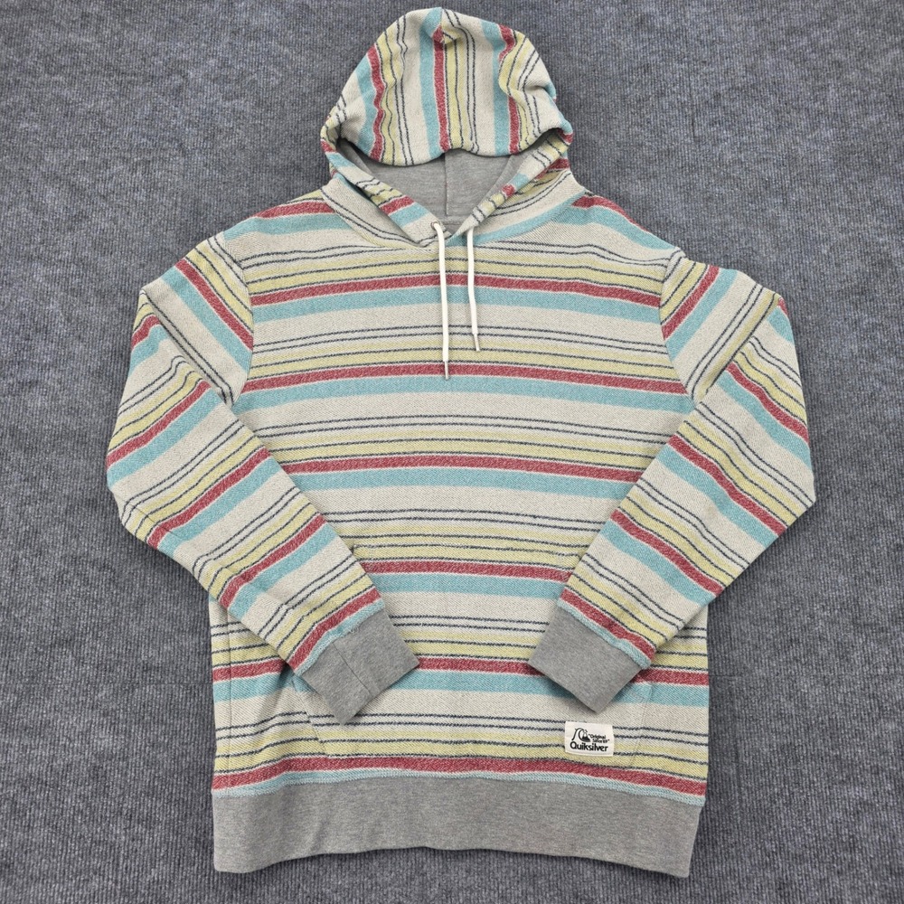 Quiksilver Mens Large Striped Pullover Hoodie Multi Color Grey French Terry L